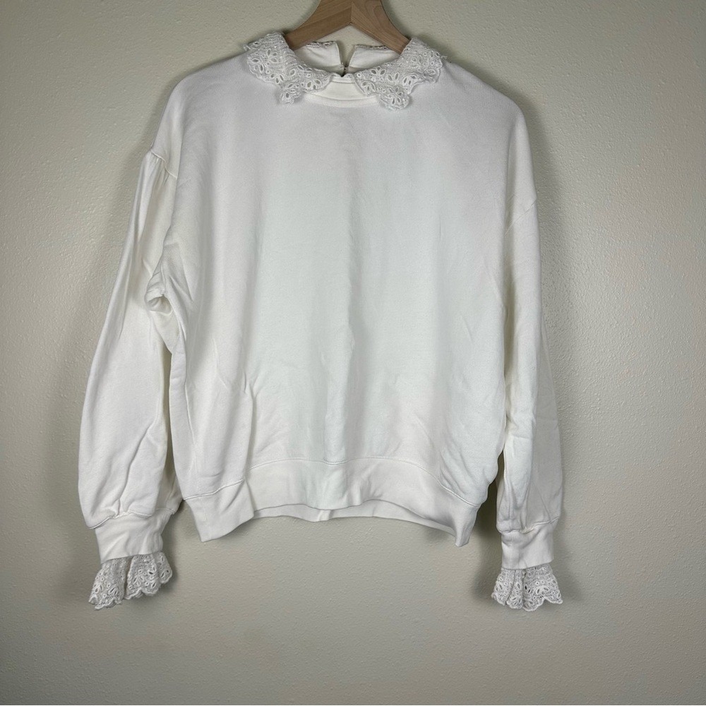J. CREW Med Cottagecore Victorian French Terry Lace Trim White Crewneck Sweater - Picture 3 of 9